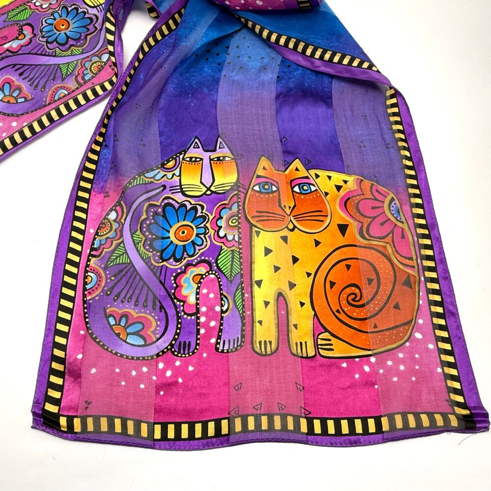 Laurel Burch Colorful Cats Silky Scarf 11x53 Boho Multicolor Rainbow Kittens - Picture 5 of 8